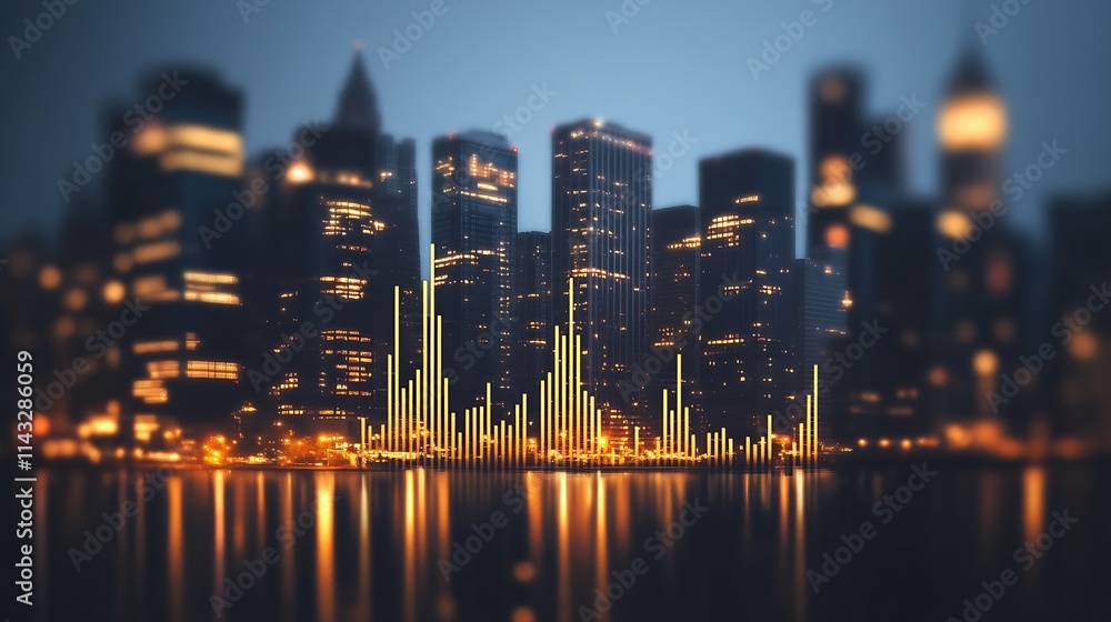 Aufkleber Dynamic Cityscape with Pulsating Light Columns Reflecting Off Water at Twilight : Generative AI