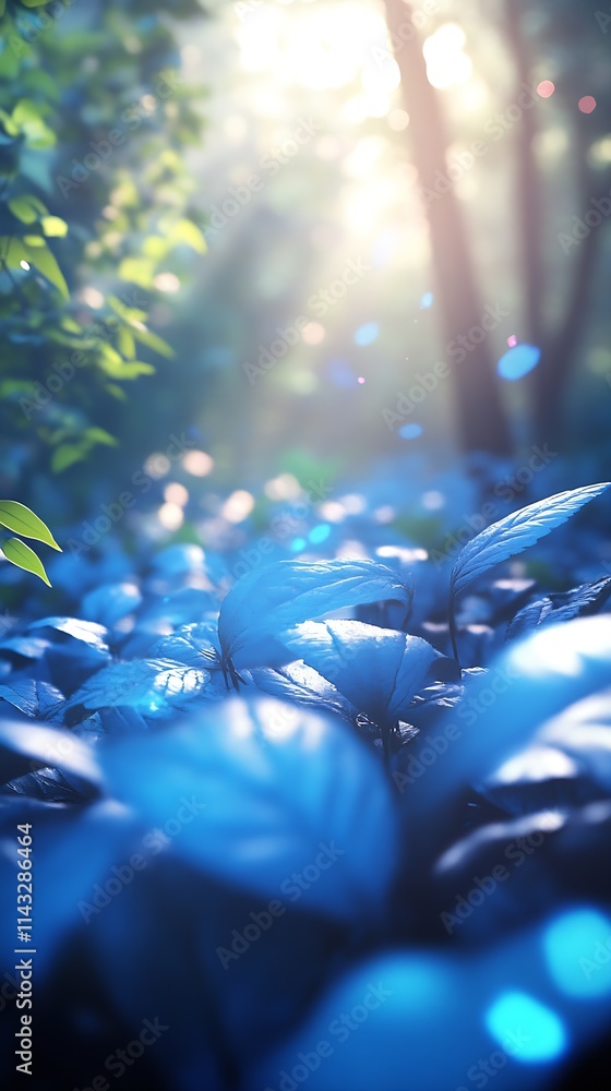 Poster sunlit blue leaves in tranquil forest setting with dreamy atmosphere : generative ai