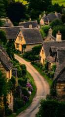 A picturesque village with charming cottages along a winding road, surrounded by greenery.