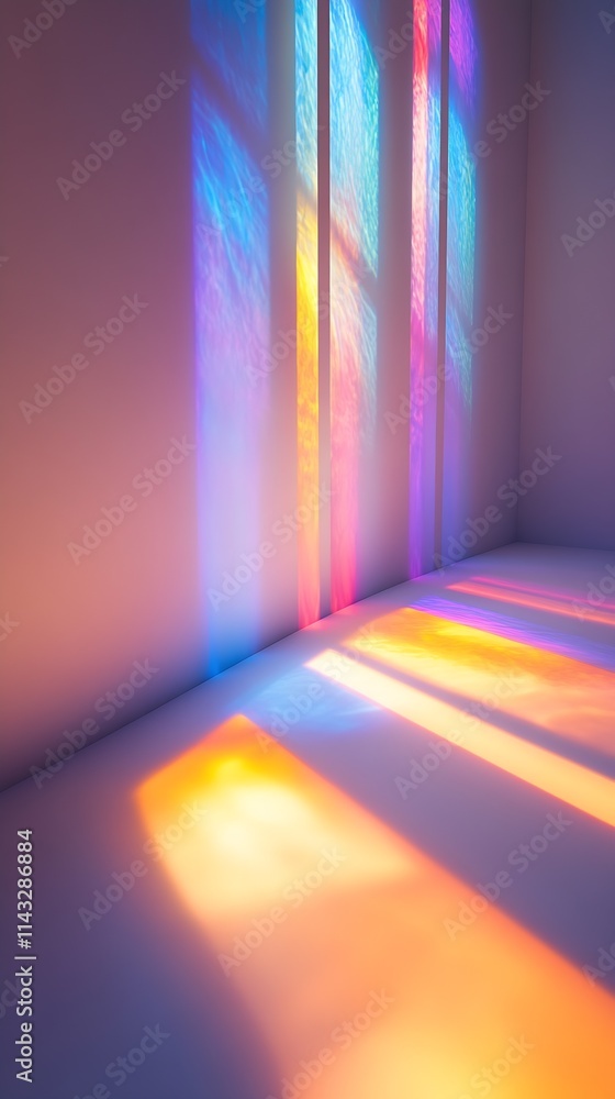 Poster luminous shadows of colored light patterns against wall : generative ai
