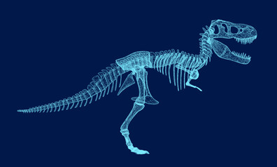 Fototapeta premium Tyrannosaurus rex or t rex dinosaur outline isolated on blue. Contour style vector illustration. Side view. 3D