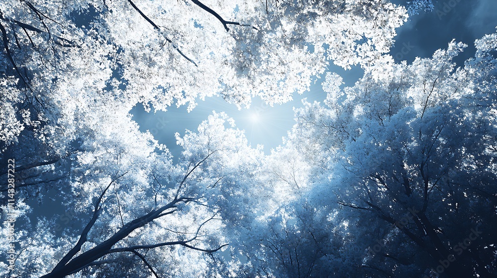 Poster ethereal winter forest canopy with sunlight streaming through snow covered trees : generative ai