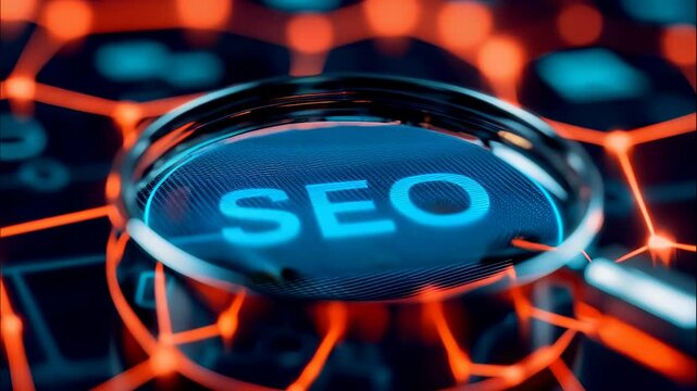 Magnifying Glass Highlighting SEO Search Engine Optimization Text on Digital Network Background