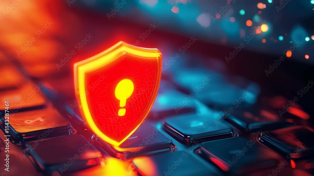 Poster glowing shield with question mark on keyboard, symbolizing cybersecurity and glowing protection