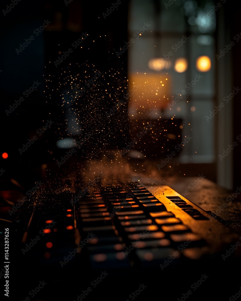 Poster illuminated keyboard with dust particles floating in dark room.