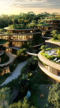 A modern architectural design featuring eco-friendly buildings integrated with nature.
