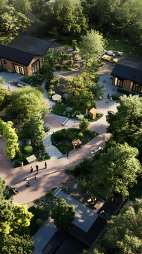 A serene community space with modern buildings surrounded by lush greenery and pathways.