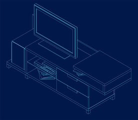 TV cabinet interior with decorative elements, books. Contour vector illustration on blue background. Isometric view
