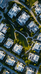 Aerial view of modern residential buildings surrounded by green spaces and pathways.