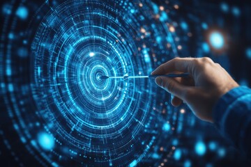 Hand Touching Digital Swirl with Glowing Blue Circles and Lines