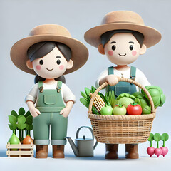 3D Farmer Holding Basket of Organic Produce on Plain Background for Sustainable Agriculture