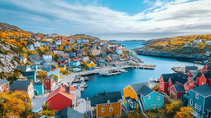 Fototapeta premium A vibrant coastal village with colorful houses and a serene harbor surrounded by autumn foliage.