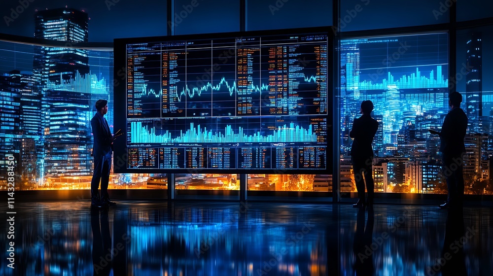 Poster Silhouetted Figures Observing Digital Stock Market Performance on Large Display in Urban Setting : Generative AI