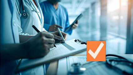 Fototapeta premium Hospital Staff Efficiency: Doctor Reviews Checklist, Nurse Preps Tools, Lab Responds Fast to Enhance Patient Care and Trust