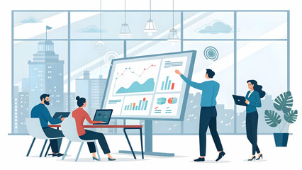 Obraz premium business growth and strategy and technology concept as Professionals leveraging technology to accelerate business growth interacting with digital interfaces in modern office copy space provided. in P