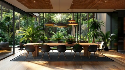 Fototapeta premium Luxurious Tropical Dining Room with Expansive Forest Views and Modern Lighting