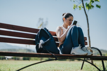 A woman in athletic wear sits on a park bench, intensely focused on her smart phone. The sunny outdoor setting suggests a moment of rest and digital engagement in nature.