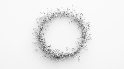 Circular silver floral wreath on white background.