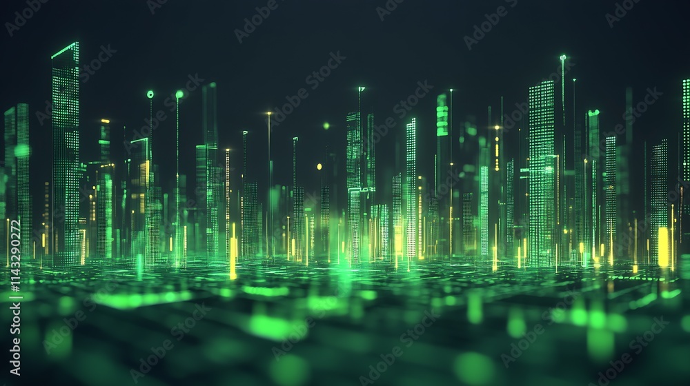 Aufkleber Green Digital Skyline With Futuristic Skyscrapers In A Virtual Cyber World : Generative AI