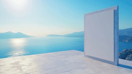 A minimalist scene featuring a blank canvas against a serene ocean backdrop.