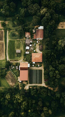 Aerial view of a rural farm with fields, buildings, and greenery.