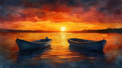 Fototapeta premium Two boats at sunset on calm water, painted in vibrant oranges and reds.
