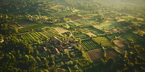 Aerial view of lush green fields and a small village surrounded by nature.