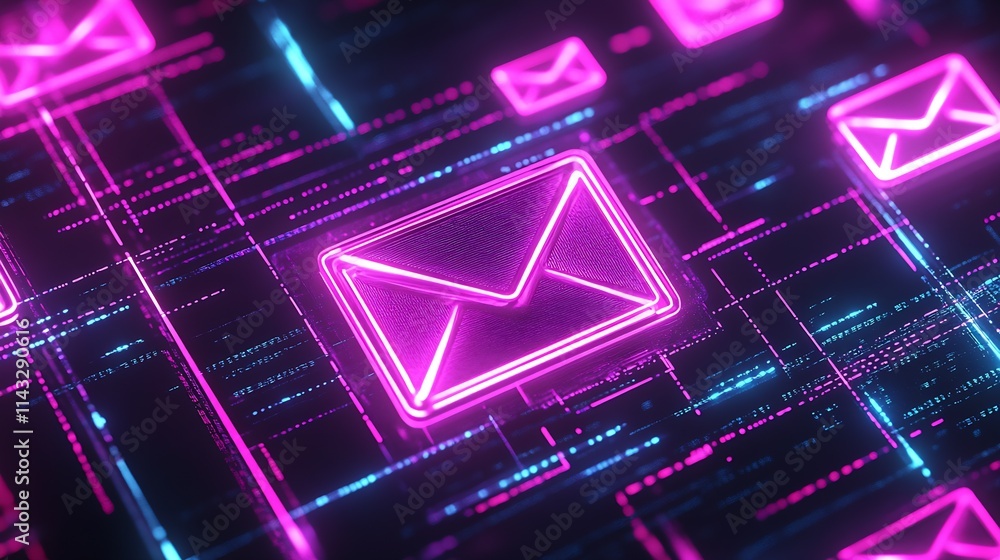 Poster Neon Digital Envelope Icon on Futuristic AI Background for Technology Themes : Generative AI