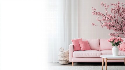 Cozy Living Room with Pink Sofa and Cherry Blossom Decoration