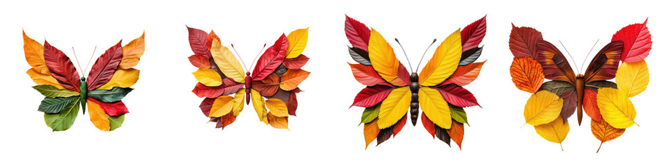 Obraz premium Colorful butterfly art made from autumn leaves, showcasing vibrant hues, isolated on transparent background.