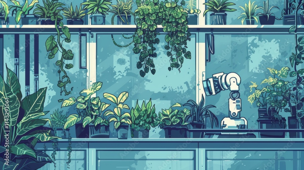 Poster a robotic arm working amidst an array of plants in a technologically advanced lab, highlighting inno