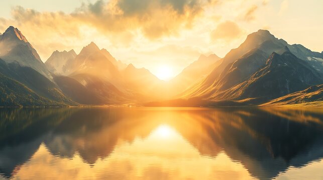 A serene mountain range bathed in golden light during the golden hour, with the sun sinking below the horizon, reflecting off a calm lake nestled between the peaks 