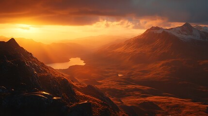 Naklejka premium A dramatic sunset over a mountain pass, with the golden hour light casting long shadows and highlighting the textures of the rocky terrain and distant peaks 