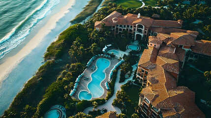 Aerial view of a luxurious resort with a pool and beach nearby.