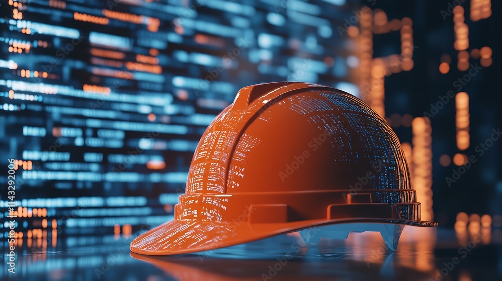 Poster Close-Up of Modern Construction Helmet with Digital Codes on Blue Tech-Inspired Background : Generative AI
