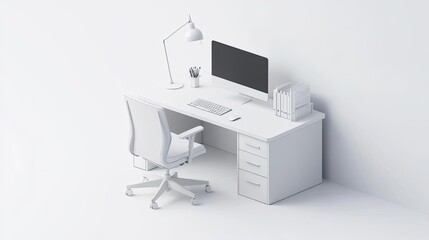 A minimalist white desk setup with a computer, lamp, and office supplies for productivity.