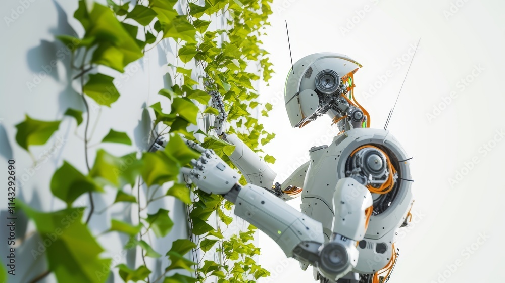 Poster a detailed futuristic rendering of a high-tech robot examining green climbing plants on a wall, illu