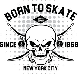 Skateboarder skull with crossed skateboards. Design element for logo, label sign, poster, t shirt.