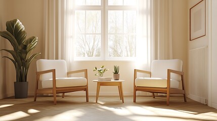 Fototapeta premium Minimalistic Scandinavian Living Room with Natural Light and Modern Furniture : Generative AI