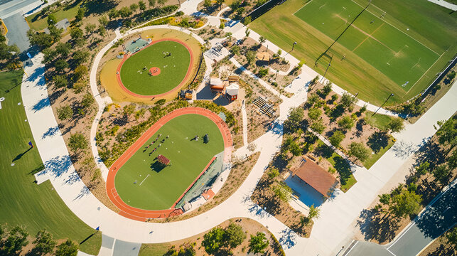 Aerial view of a sports complex featuring multiple fields and recreational areas.