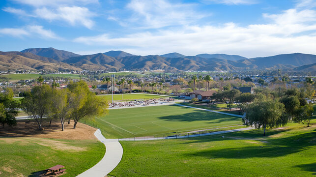 A scenic view of a park with a sports field, mountains, and residential areas in the background.