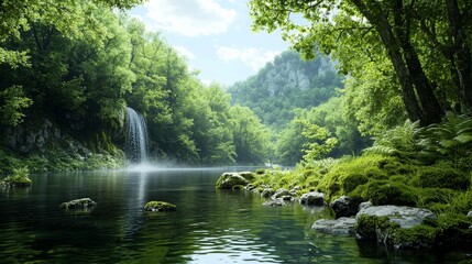 Fototapeta premium Tranquil Waterfall in Lush Forest