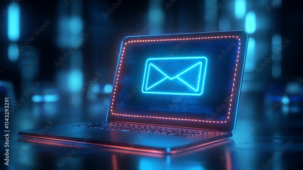 Aufkleber neon email display on high tech laptop screen in dark ambience : generative ai
