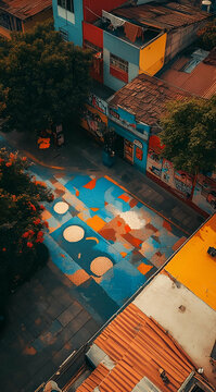 A vibrant mural painted on a street, showcasing colorful patterns and artistic expression.