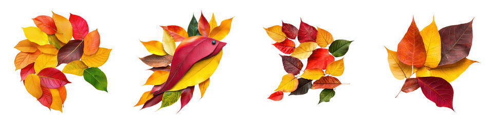 Colorful manta ray made from autumn leaves, showcasing vibrant hues and textures, isolated on transparent background.