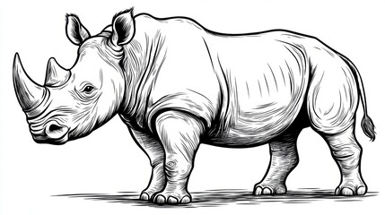 Obraz premium Detailed Black and White Illustration of a Rhinoceros Standing Proudly