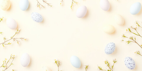 a soft yellow background, featuring colorful Easter eggs with intricate pastel designs, and delicate Easter branches with fresh green leaves and blossoms