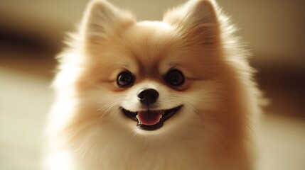 Fototapeta premium Fluffy Pomeranian Dog Radiating Joy with Its Enchanting Smile and Shiny Big Eyes for Pet Lovers : Generative AI