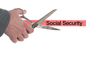 Isolated male hand with scissors cutting through red tape with Social Security written on it