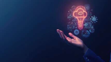 A hand holds a glowing cloud symbol, representing innovative technology and digital transformation in a dark, futuristic setting.